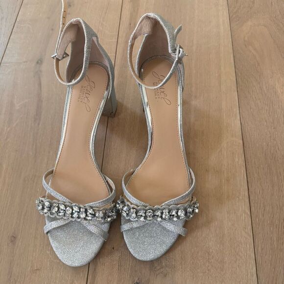 BADGLEY MISCHKA Giona Silver Glitter Rhinestone Ankle Strap Sandals - Picture 2 of 7